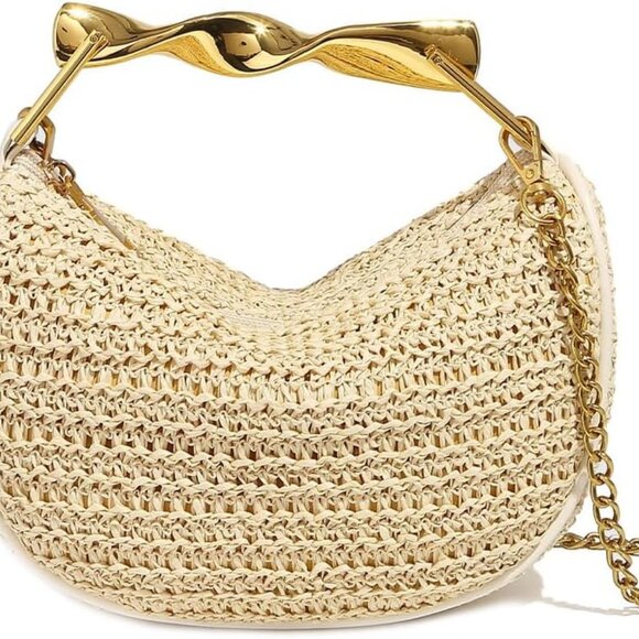 Stylish Woven Straw Mini Shoulder Bag with Chain Strap for Women - Picture 1 of 7